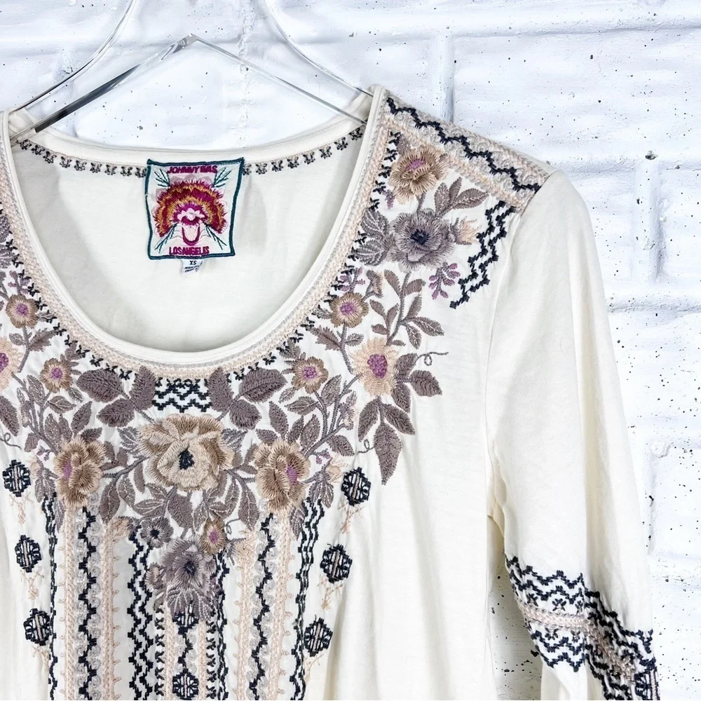 JOHNNY WAS Marushka Trapeze Floral Embroidered Knit Blouse 3/4 sleeve XS